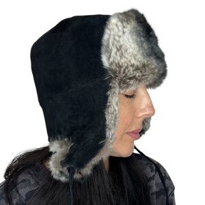 Vintage Canadian made black suede leather fur black grey winter trapper hat